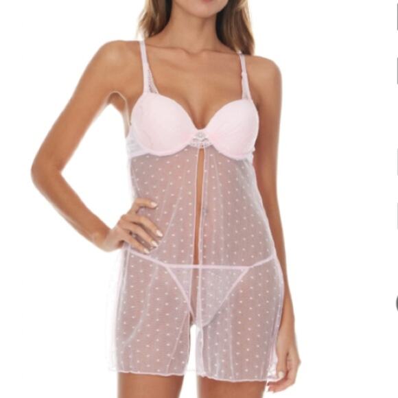 FLORA NIKROOZ Rosie Molded Cup Babydoll Teddy & Thong Set NEW - Picture 1 of 11